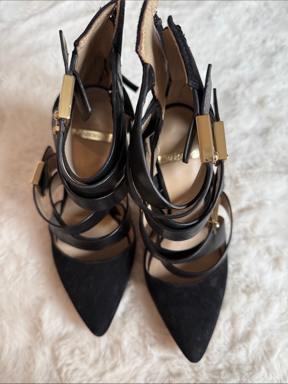 Guess by Marciano Black Strappy Pointed-Toe Heels with Gold Accents